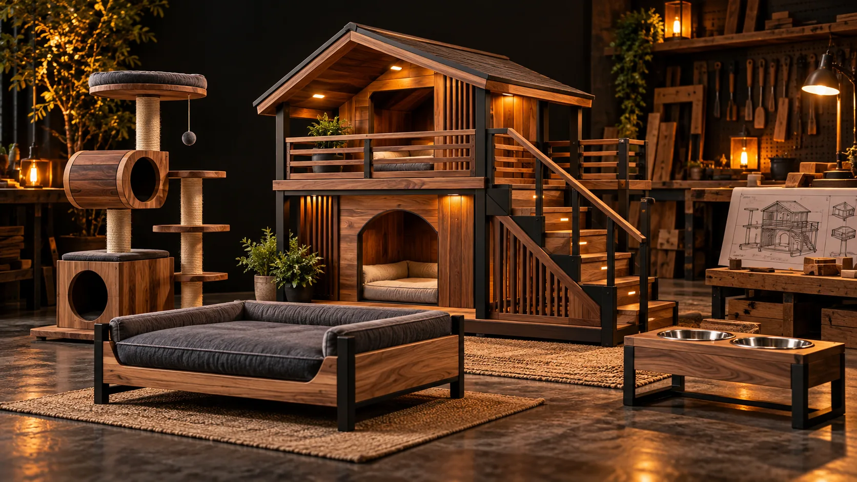 Coleção de móveis pet premium em madeira, incluindo casinha duplex, cama, torre para gatos e comedouro